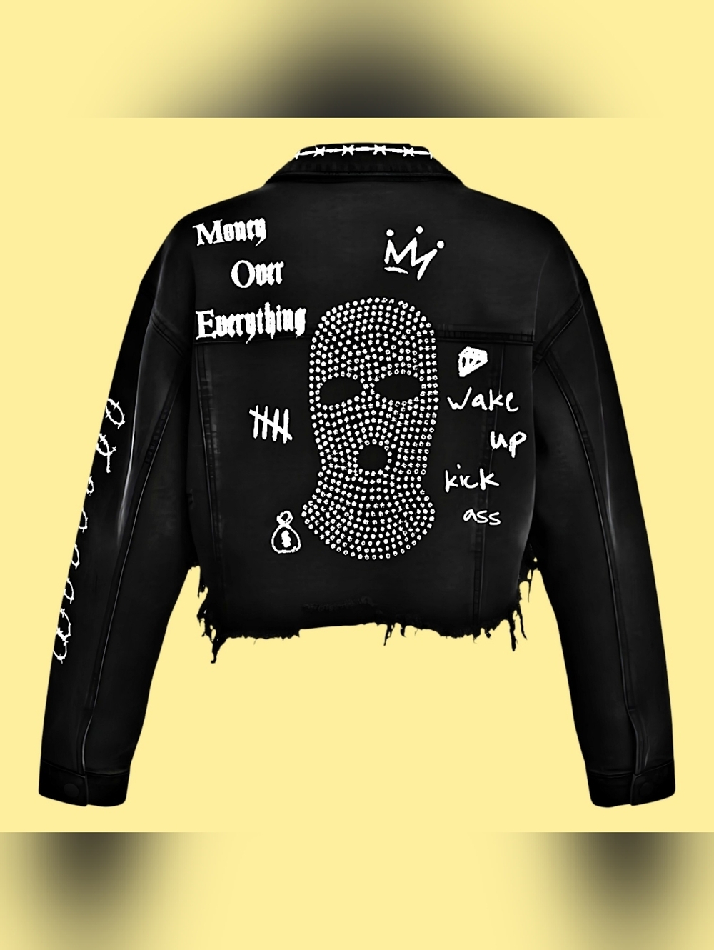 Trio Urban | M.O.E. 💎Rhinestone💎 Ski Mask Relaxed-Fit Crop Denim Jacket